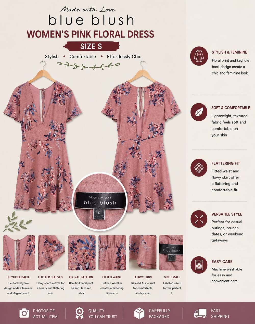 Blue Blush Women's Pink Floral Short Sleeve A-Line Dress with Keyhole Back